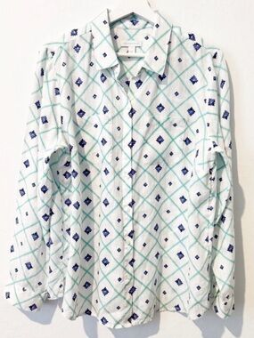 Charter Club Linen Blend Floral Rhinestone Button Up Shirt Lightweight Large